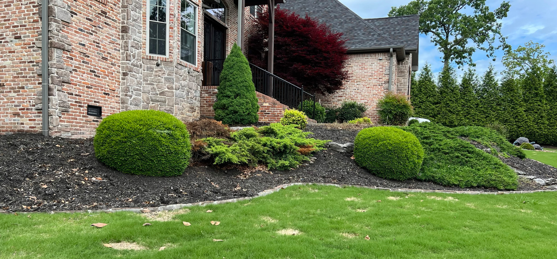 Rounded shrubs in fresh black mulch with a clean lawn edge